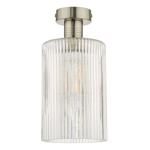 Emerson Semi Flush Ceiling Light In Antique Chrome With Ribbed Glass Cylinder Shade