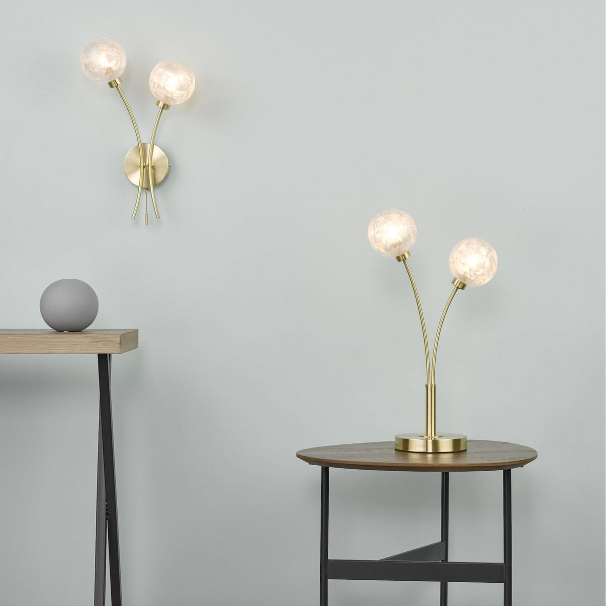 Avari Switched Wall Light In Satin Brass With Frosted Glass Shades