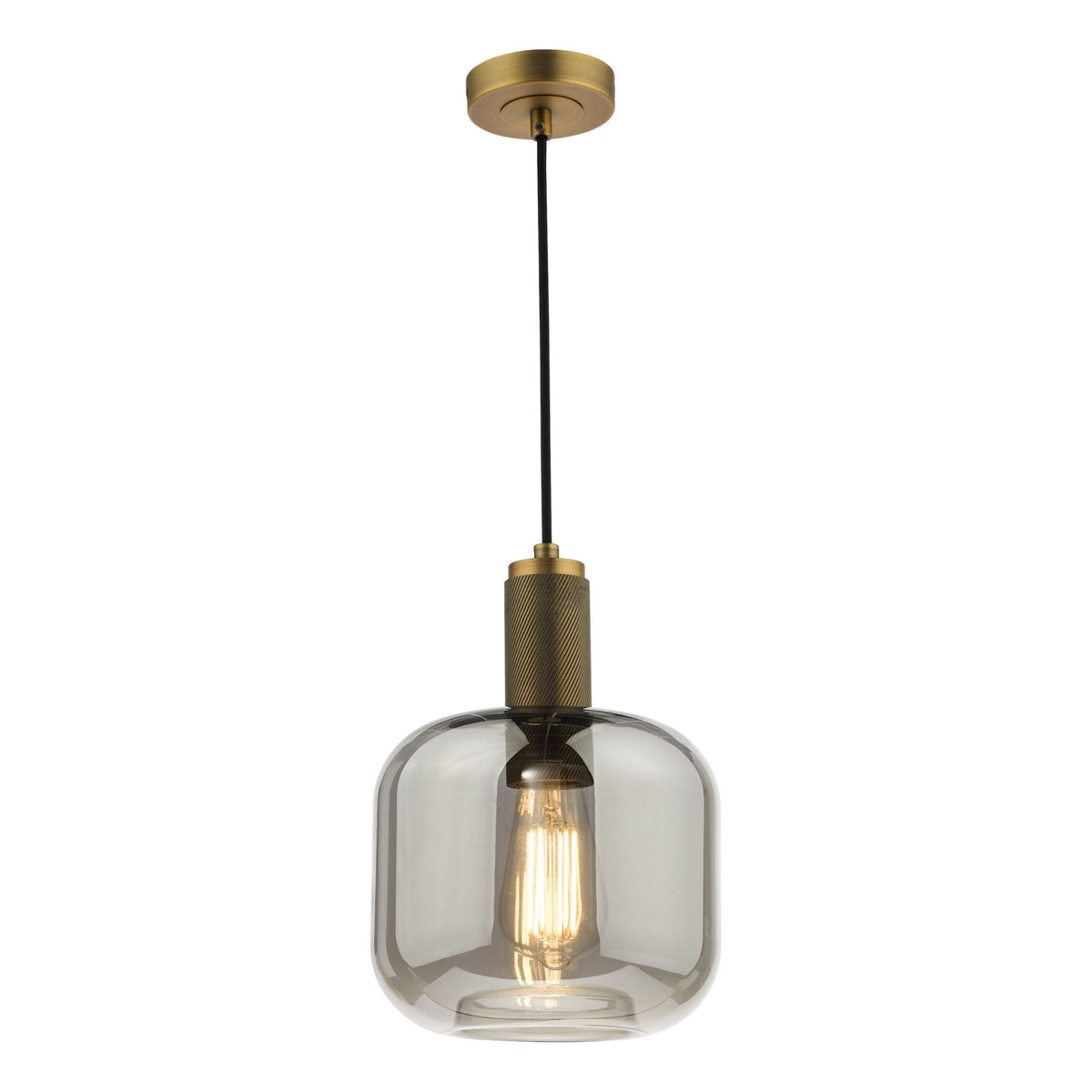 Modern pendant light with a smoked glass shade and a brass fixture, featuring an exposed filament bulb.