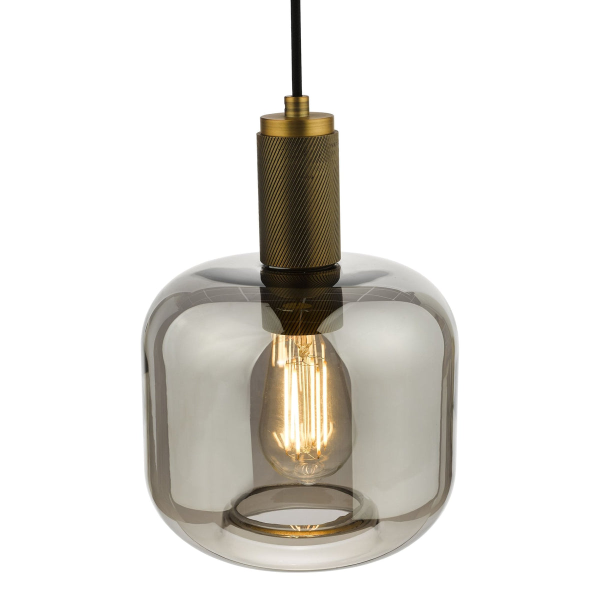 Smoked glass pendant light with a brass top and exposed filament bulb.