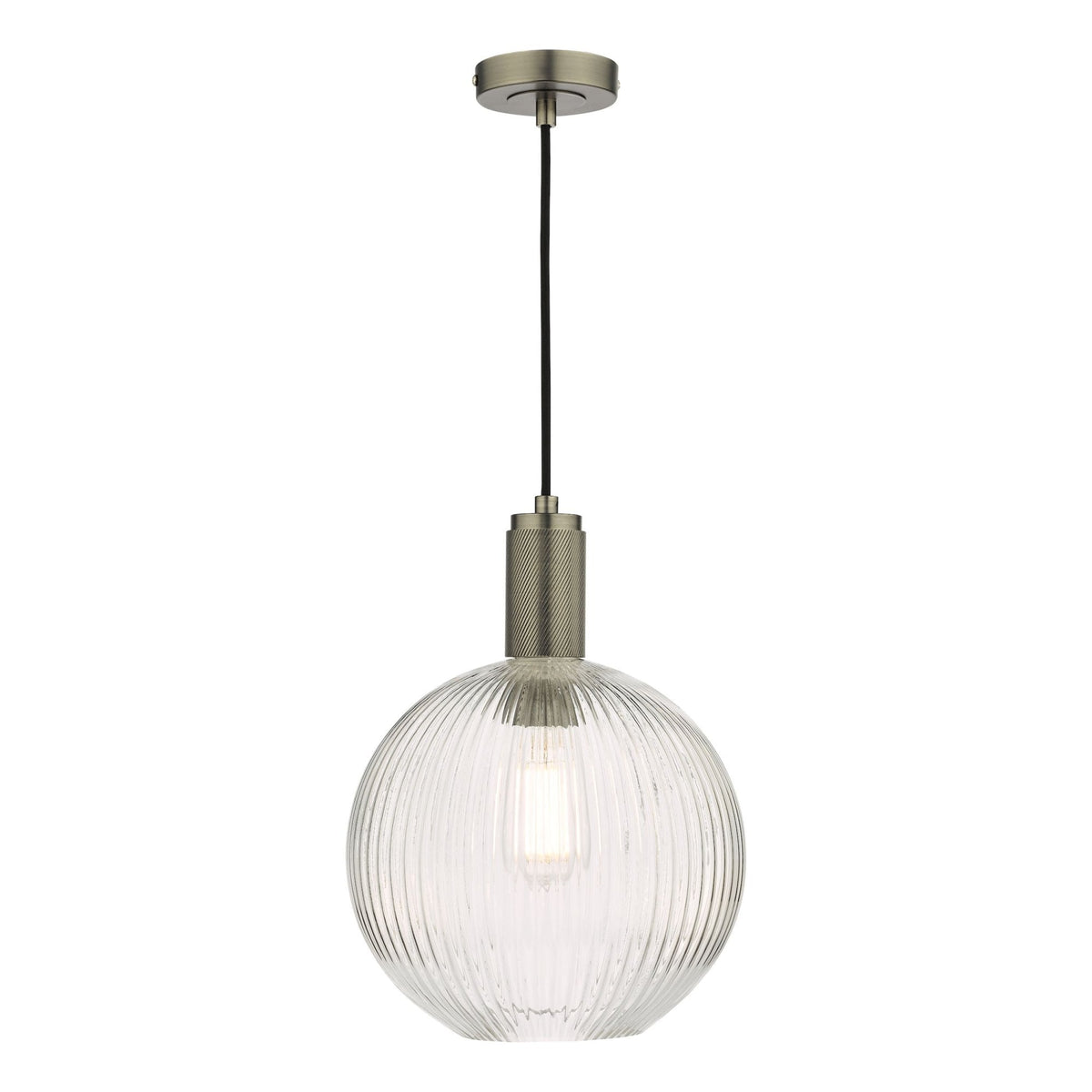Ribbed glass globe pendant light with a brass fixture and a black cord.