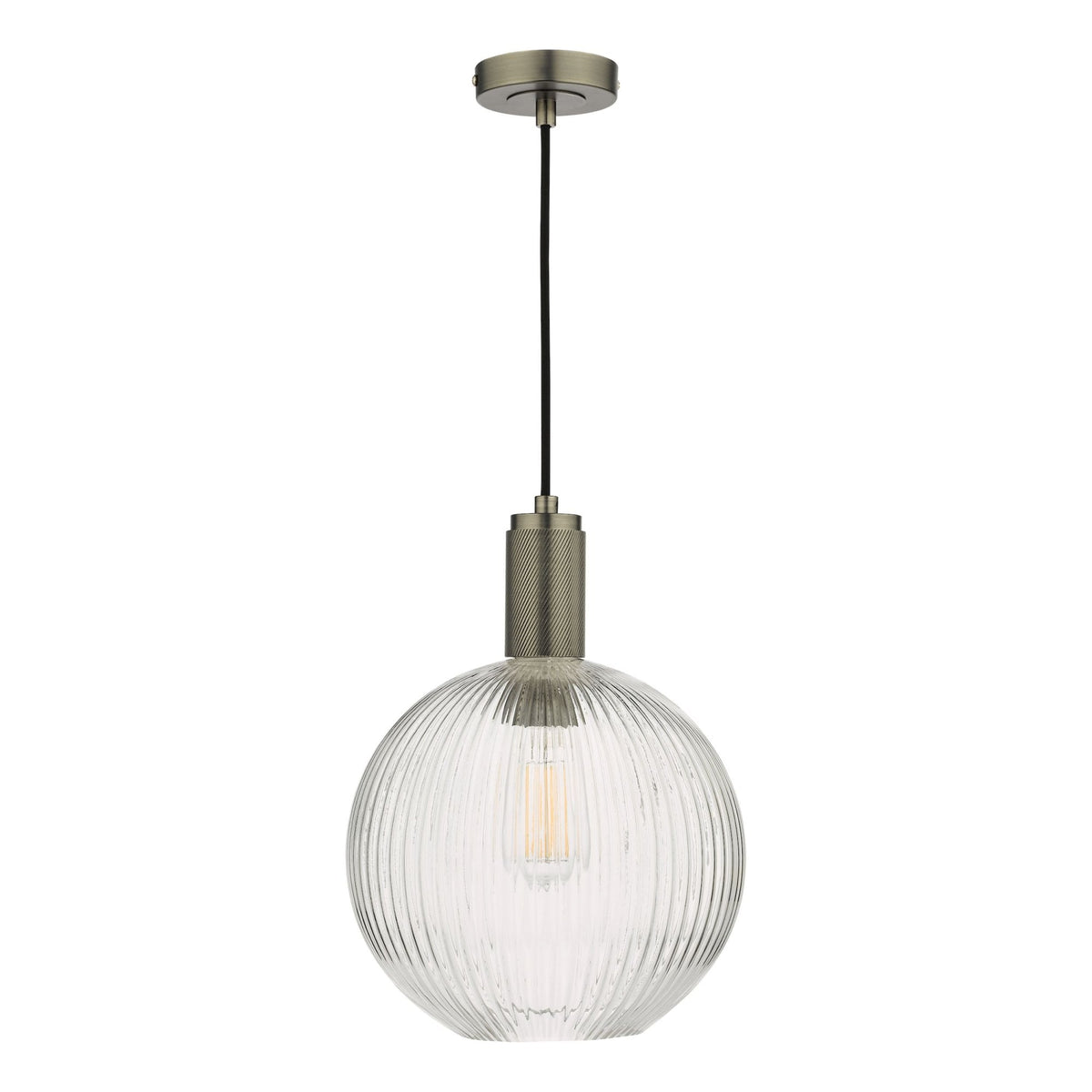 Ribbed glass globe pendant light with an antique brass finish and a visible filament bulb.