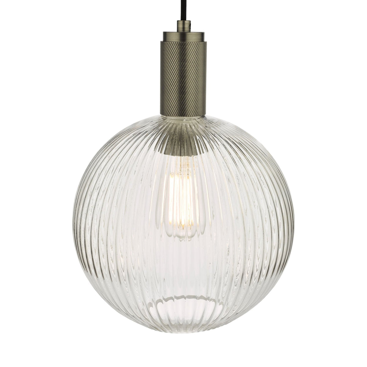 Round, ribbed glass pendant light with a bronze-colored fixture and an exposed filament bulb.