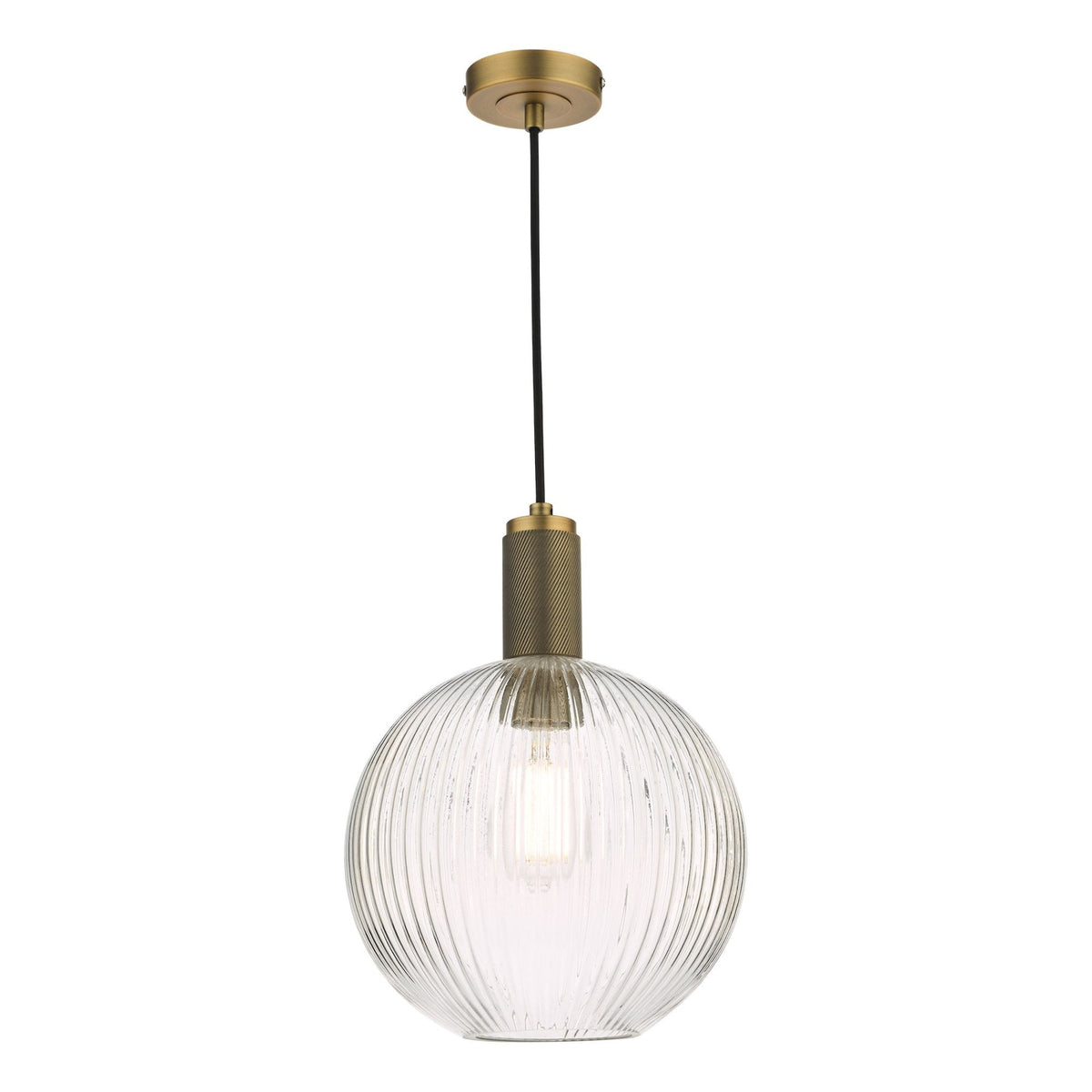 Round ribbed glass pendant light with a brass fixture and a visible filament bulb.