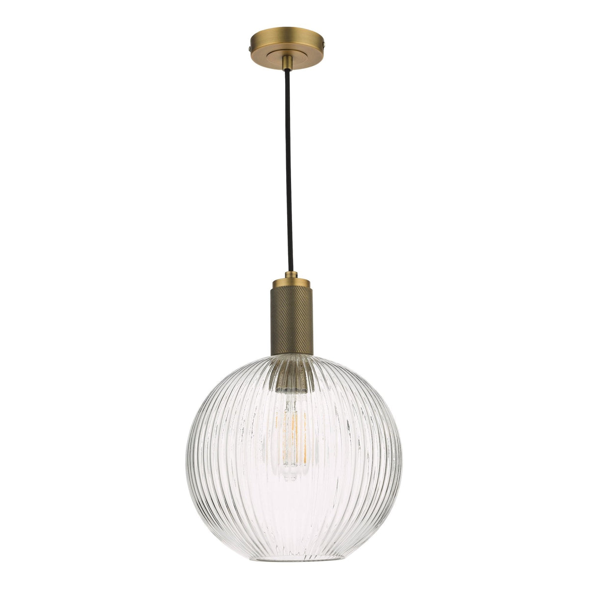 Ribbed glass globe pendant light with a brass fixture and black cord.