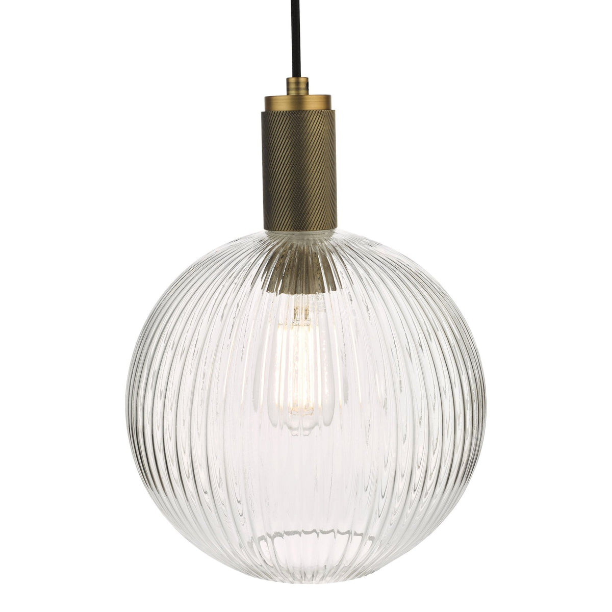Round, ribbed glass pendant light with a brass fixture and exposed bulb.