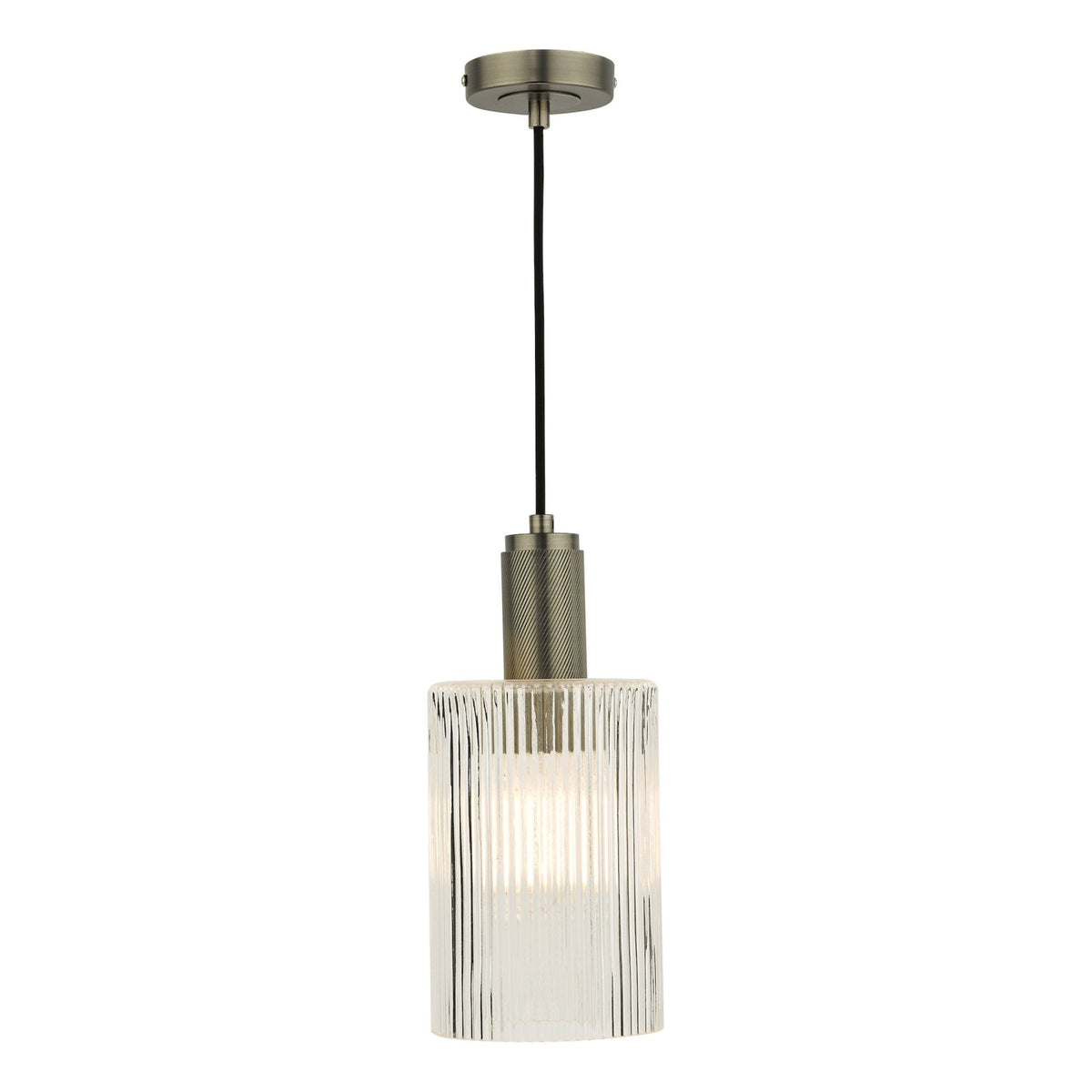 A single pendant light with a ribbed glass shade and an antique brass finish on a white background.