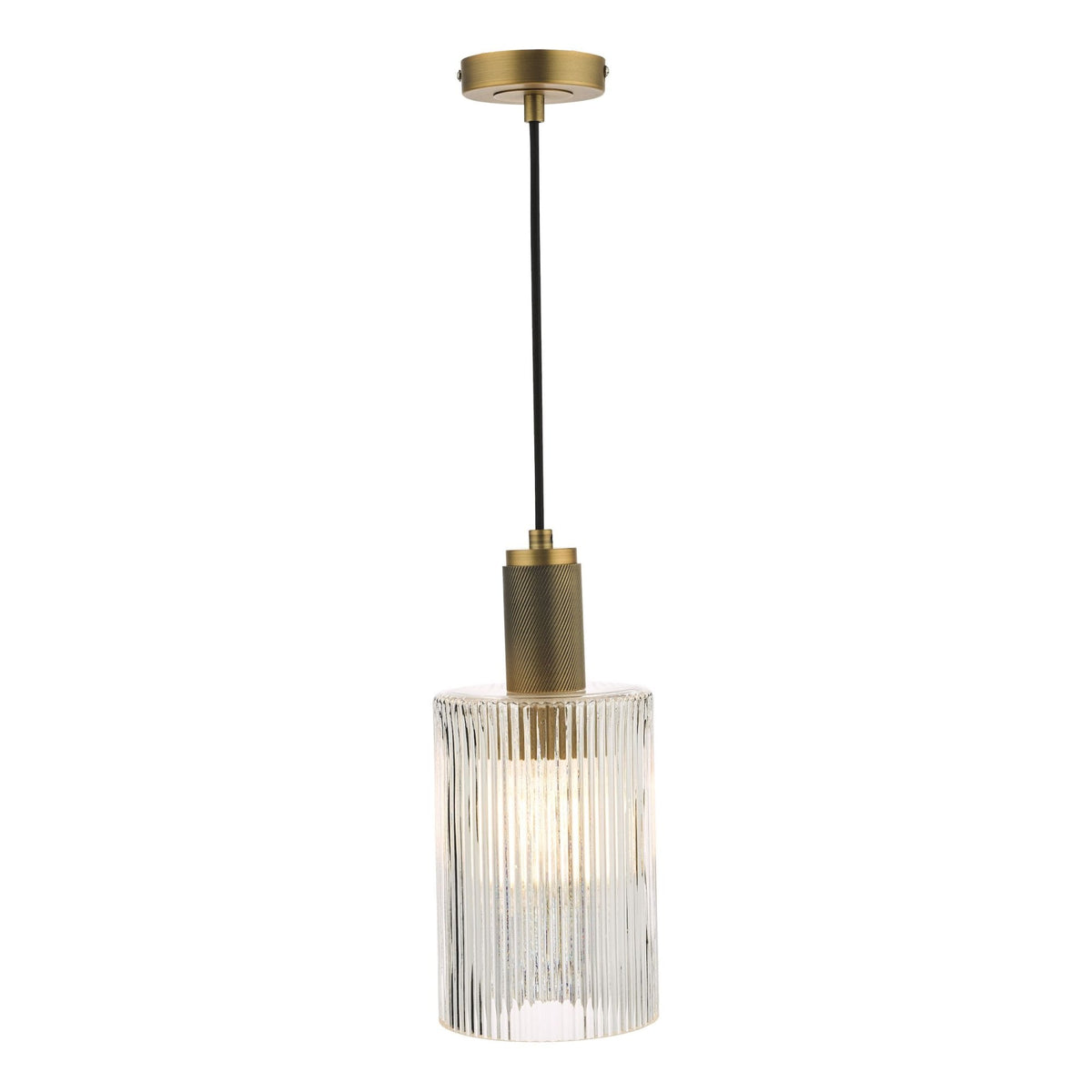 Nikolas Single Pendant In Antique Brass With Ribbed Cylinder Glass Shade
