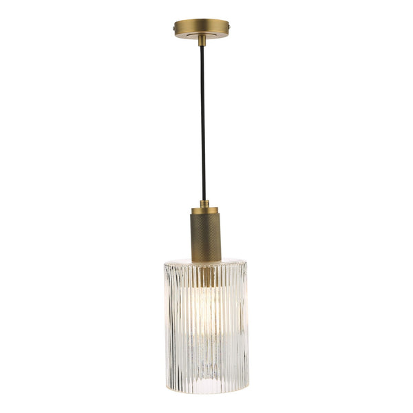 Nikolas Single Pendant In Antique Brass With Ribbed Cylinder Glass Shade