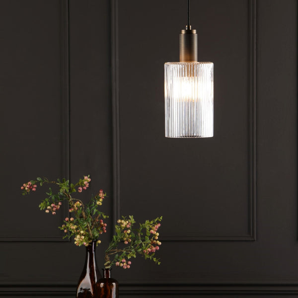 Nikolas Single Pendant In Antique Brass With Ribbed Cylinder Glass Shade