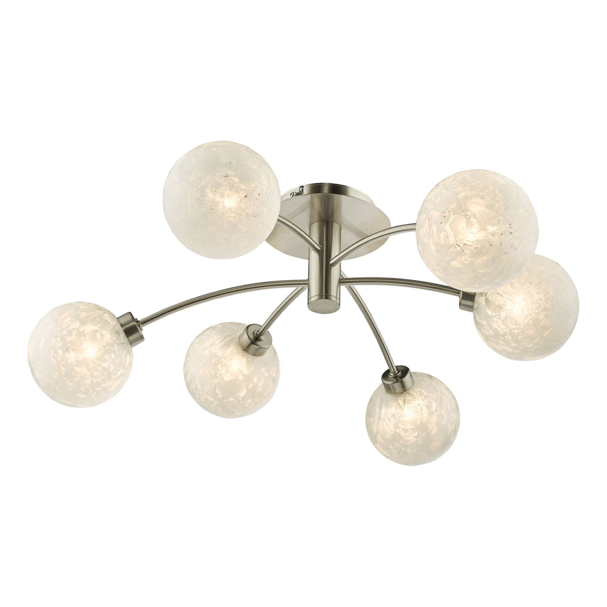 Brushed chrome ceiling light with six frosted glass globe shades.