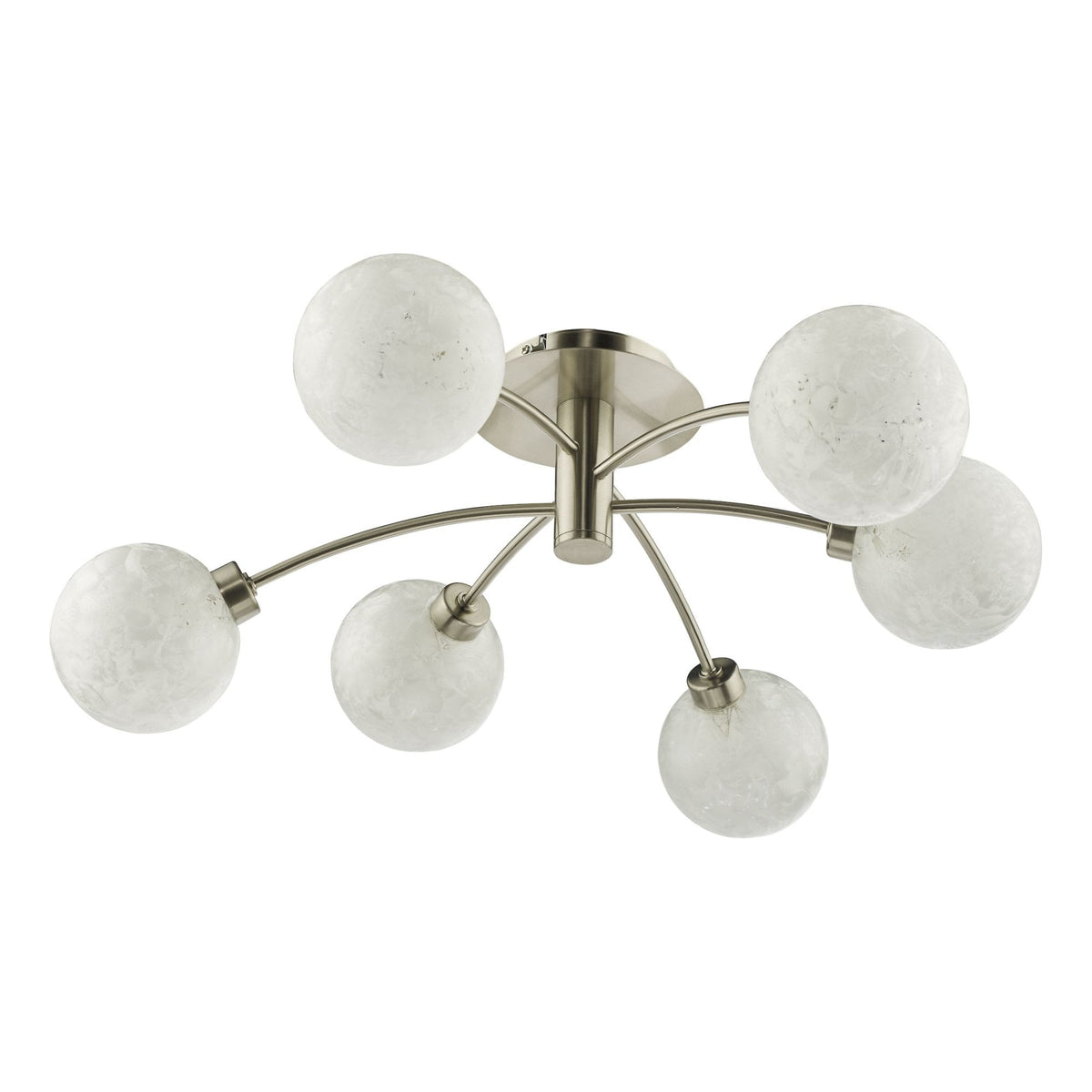Brushed steel ceiling light with six frosted glass globe shades.