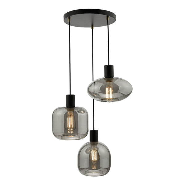 Aiden 3 Light Cluster Pendant In Satin Black With Smoked Glass Shades