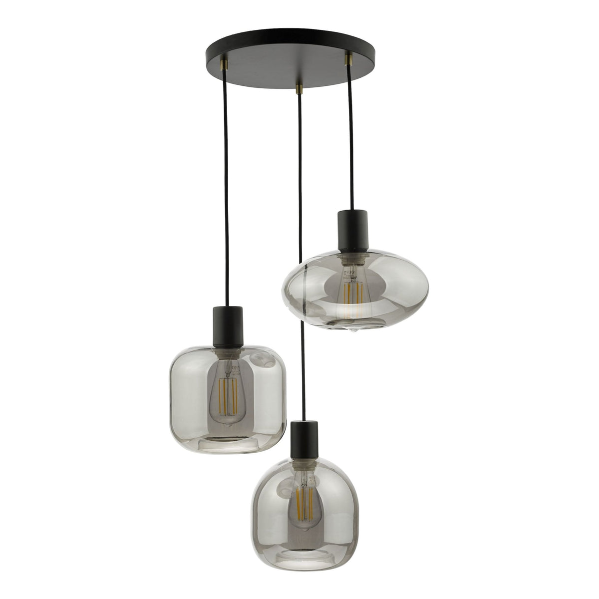 Aiden 3 Light Cluster Pendant In Satin Black With Smoked Glass Shades
