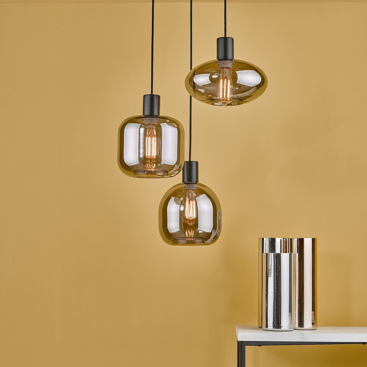 Aiden 3 Light Cluster Pendant In Satin Black With Smoked Glass Shades