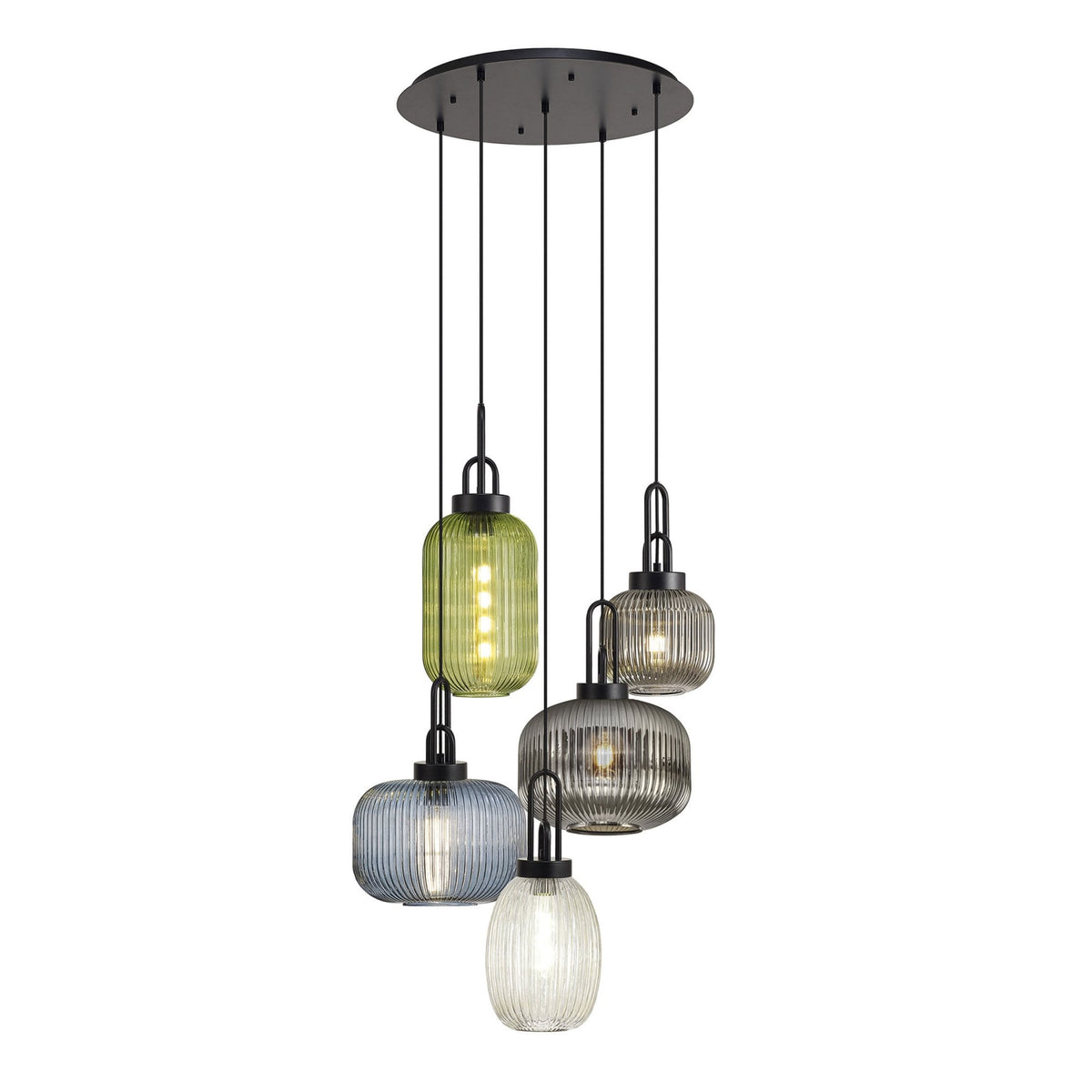 Atherington 5 Drop Round Pendant by Lumiere in Matt Black with Multiple Shade Colours