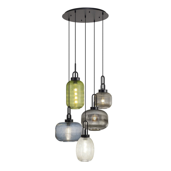 Atherington 5 Drop Round Pendant in Matt Black with Multiple Shade Colours