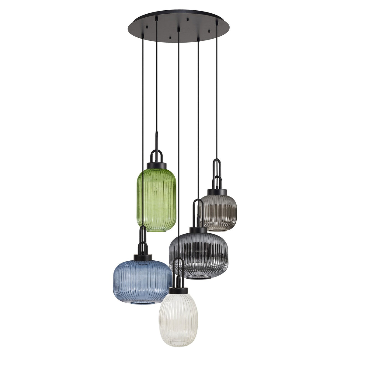 Five pendant lights with ribbed glass shades in green, blue, grey, and clear, hanging from a black ceiling plate