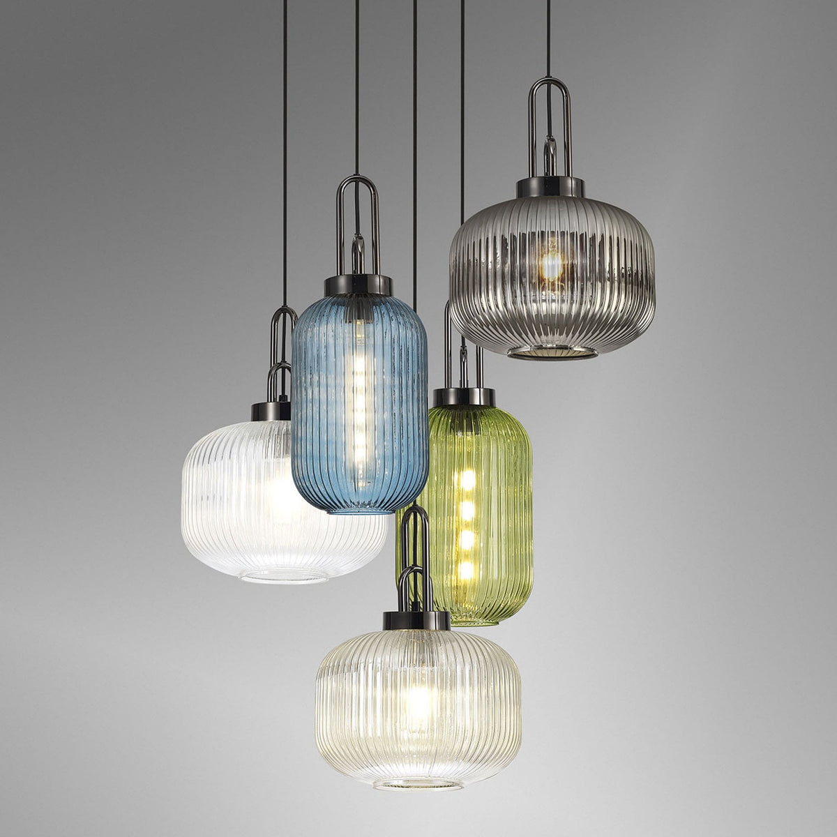 Lumiere Atherington 5 Drop Round Pendant in Black Chrome with multiple shade colours