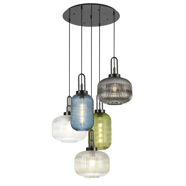 Atherington 5 Drop Round Pendant in Black Chrome with Multiple Shade Colours