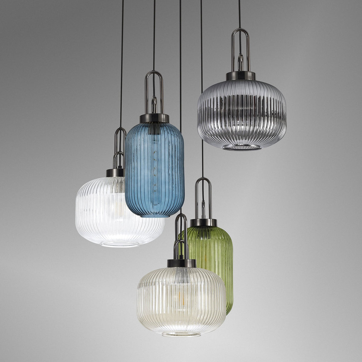 Atherington 5 Drop Round Pendant in Black Chrome with Multiple Shade Colours
