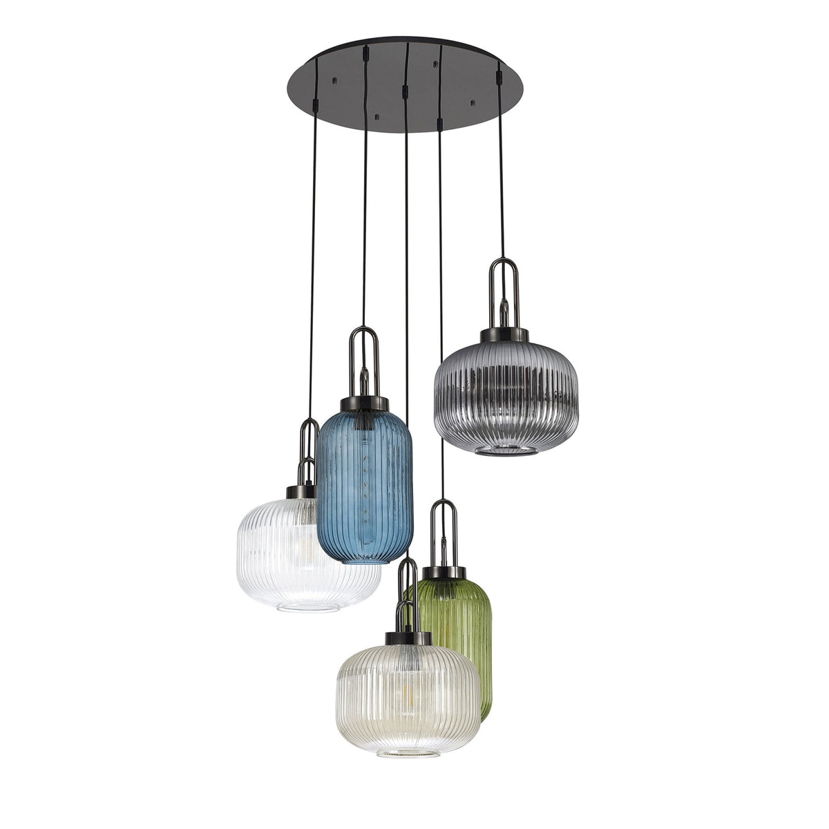 Atherington 5 Drop Round Pendant in Black Chrome with Multiple Shade Colours
