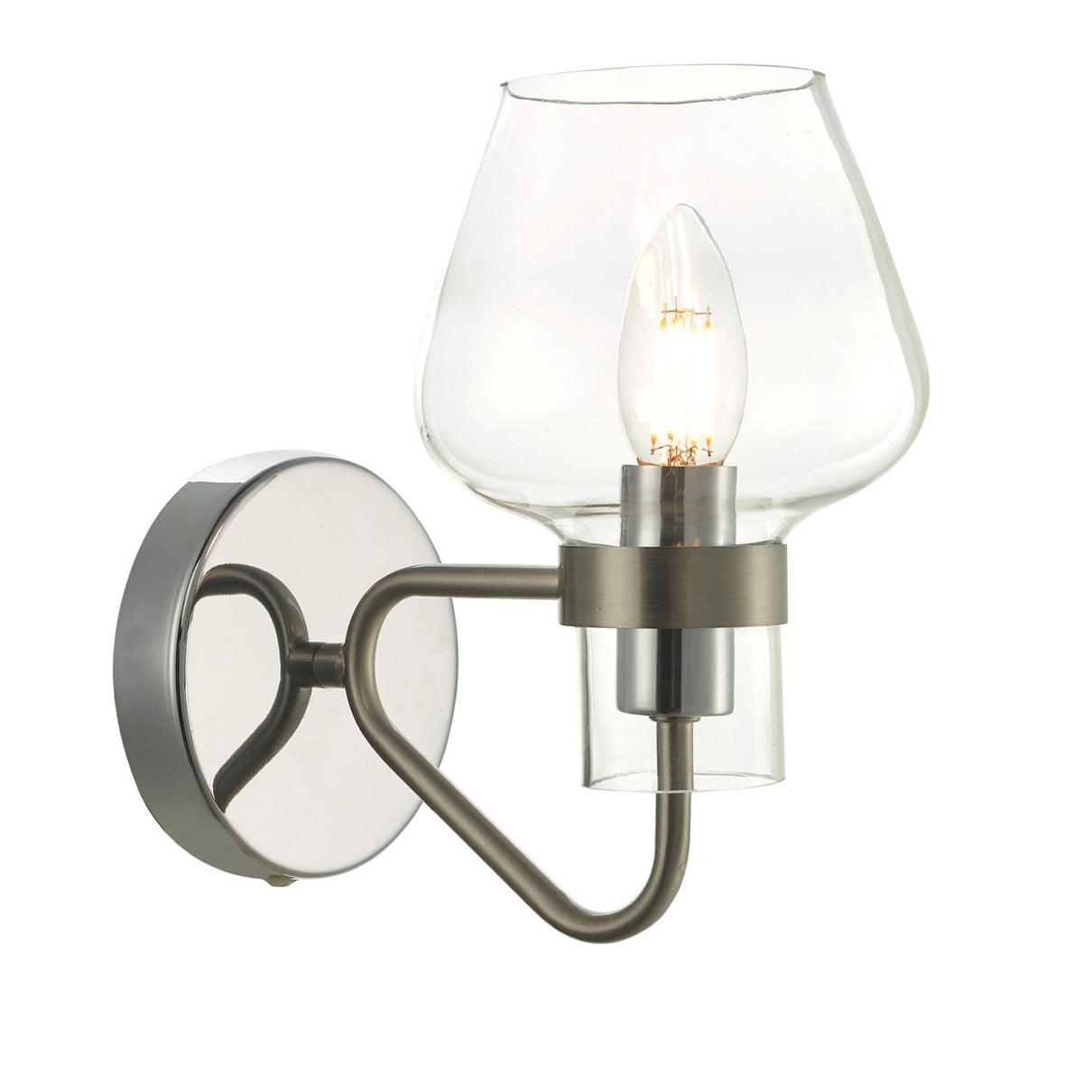 A modern wall sconce with a clear glass shade and a brushed nickel finish.