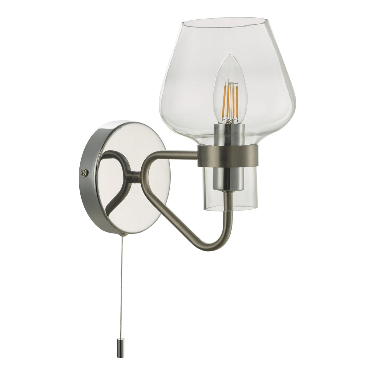 Modern wall light with a clear glass shade, an exposed filament bulb, and a pull cord switch.