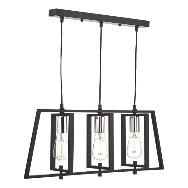 Dax 3 Light Linear Pendant In Matt Black With Polished Chrome Detail