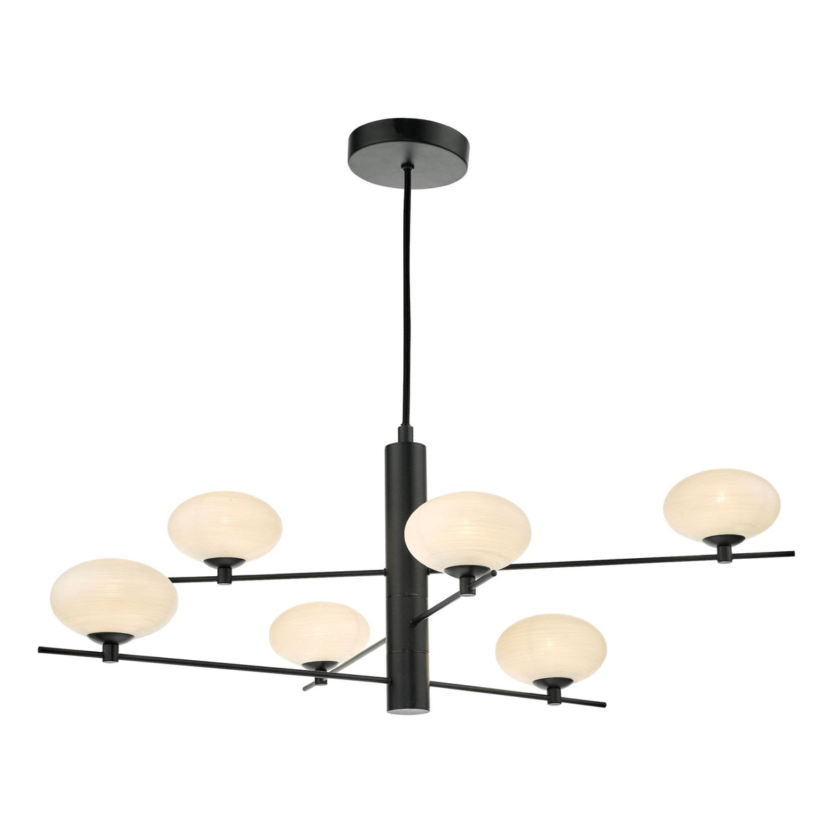 Black chandelier with six spherical, textured glass shades.