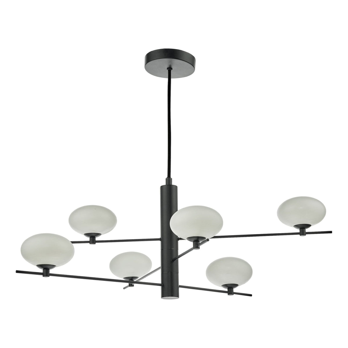 Modern black chandelier with six frosted globe lights extending from a central rod.
