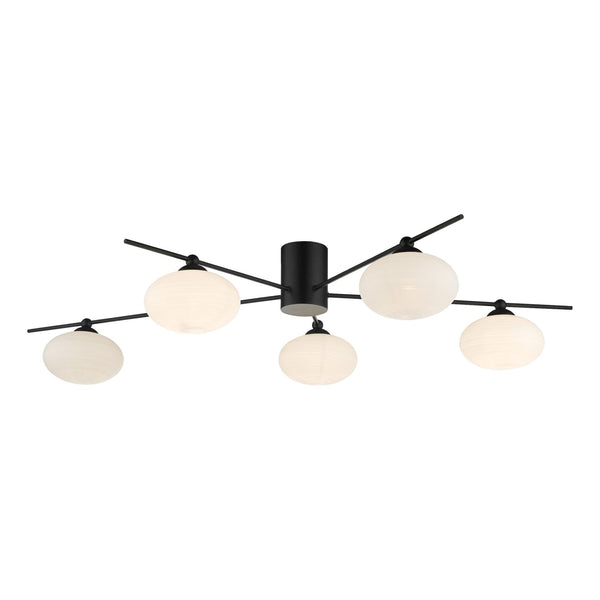 Jasper 5 Light Semi Flush Ceiling Light In Matt Black With Opal Glass Shades