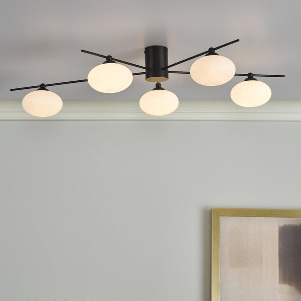 Jasper 5 Light Semi Flush Ceiling Light In Matt Black With Opal Glass Shades