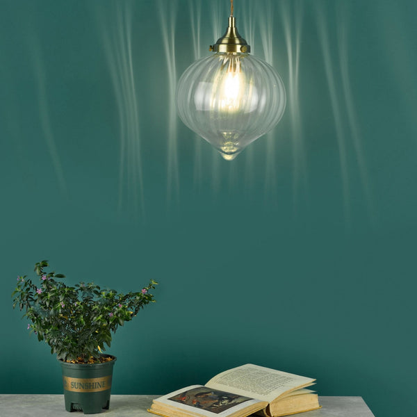 Mya Single Pendant In Antique Brass With Ribbed Glass Shade