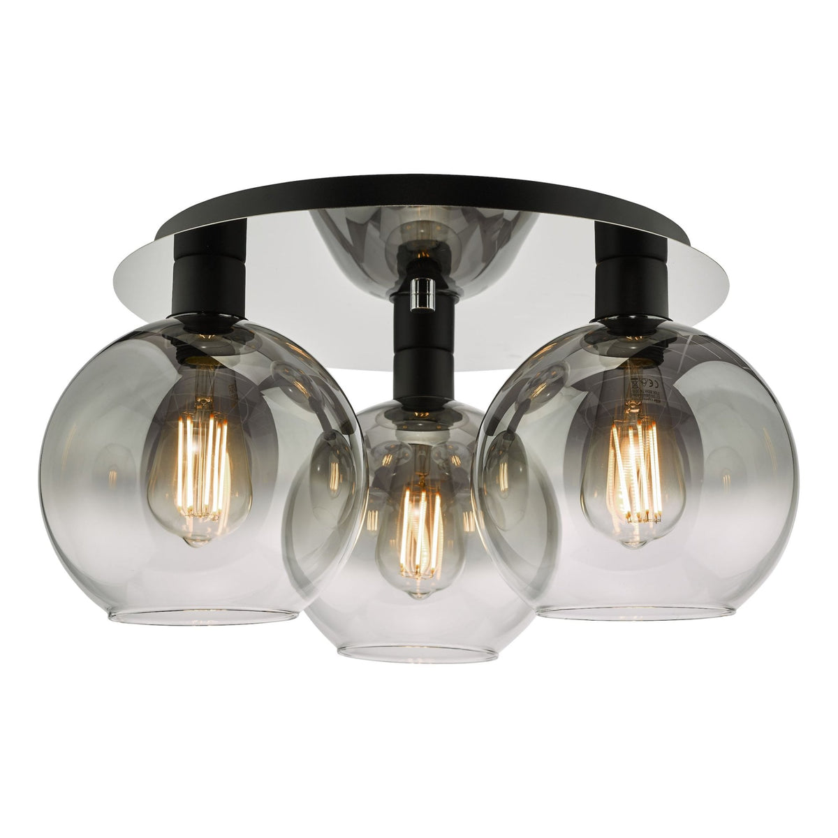 Lycia 3 Light Semi Flush Ceiling Light In Matt Black With Ombre Smoked Glass Shades