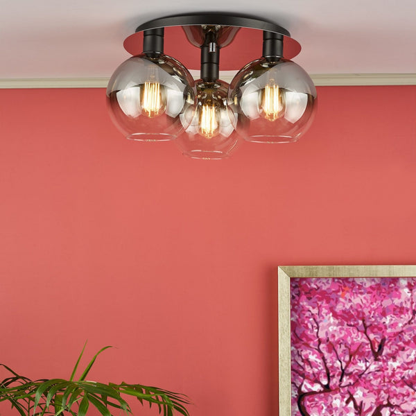 Lycia 3 Light Semi Flush Ceiling Light In Matt Black With Ombre Smoked Glass Shades