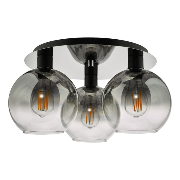 Three-light ceiling fixture with smoked glass globes and exposed filament bulbs.