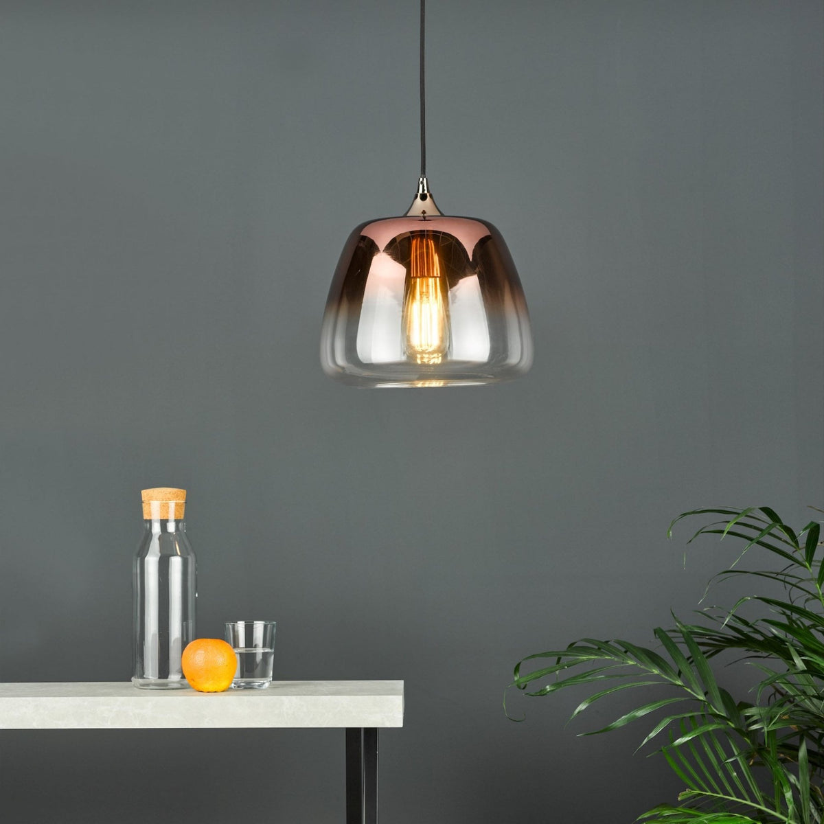Klaxon Single Pendant In Copper With Ombre Copper Glass Shade