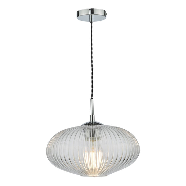 Edmond Single Pendant In Polished Chrome With Oval Ribbed Glass Shade