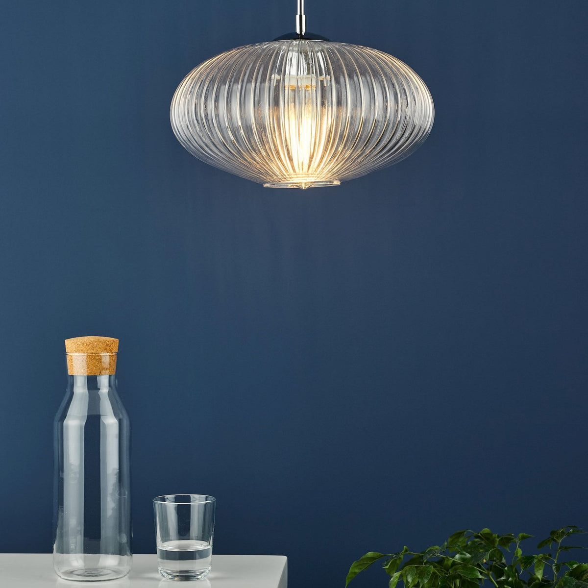 Edmond Single Pendant In Polished Chrome With Oval Ribbed Glass Shade