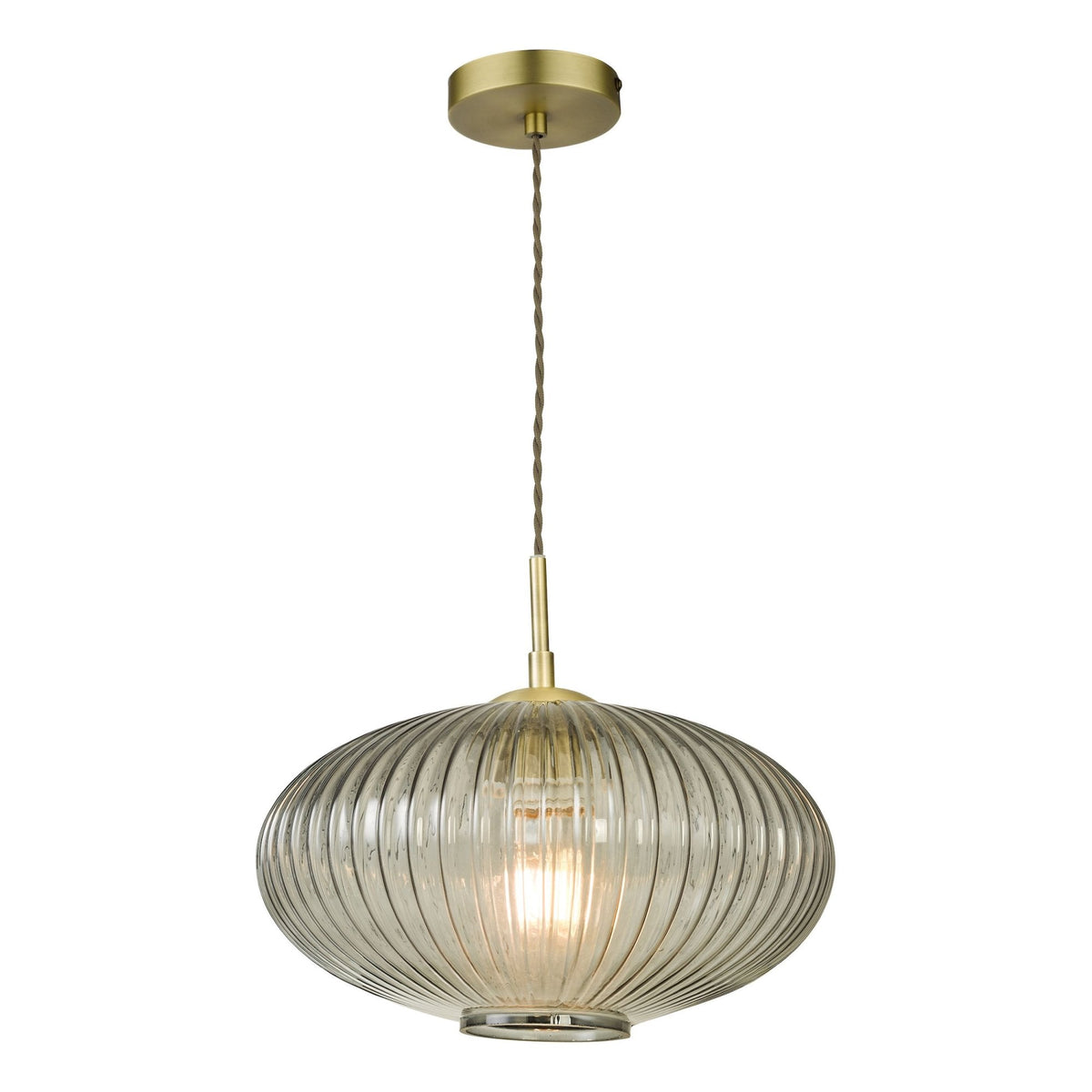 Edmond Single Pendant In Antique Brass With Smoked Oval Ribbed Glass Shade