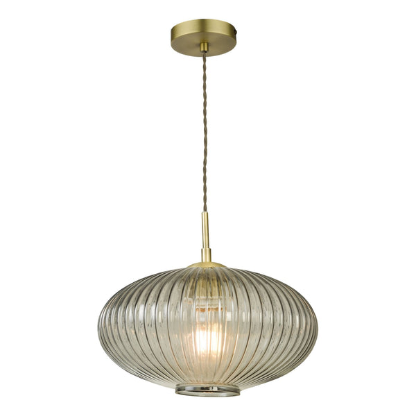 Edmond Single Pendant In Antique Brass With Smoked Oval Ribbed Glass Shade