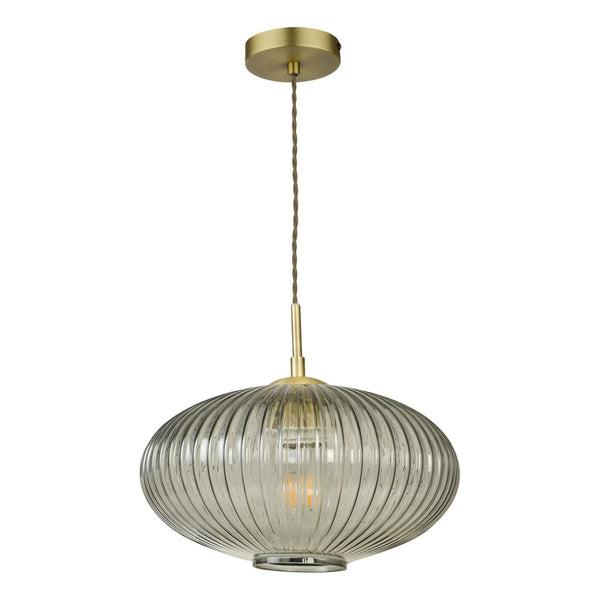 Edmond Single Pendant In Antique Brass With Smoked Oval Ribbed Glass Shade