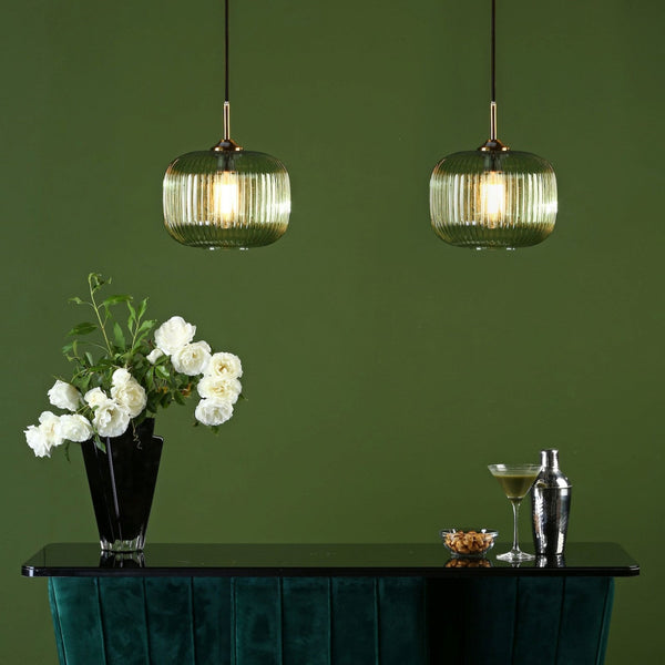 Demarius Single Pendant In Bronze With Green Ribbed Glass Shade