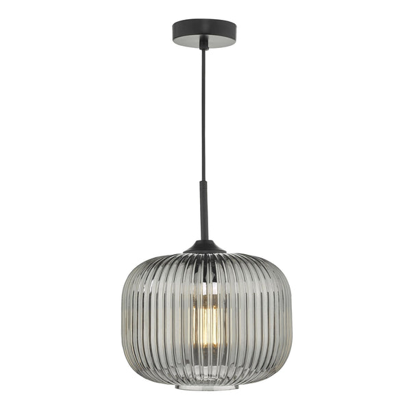 Demarius Single Pendant In Matt Black With Smoked Ribbed Glass Shade