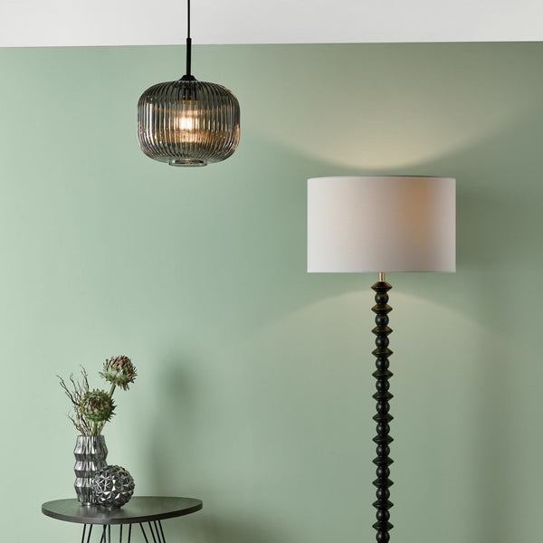 Demarius Single Pendant In Matt Black With Smoked Ribbed Glass Shade