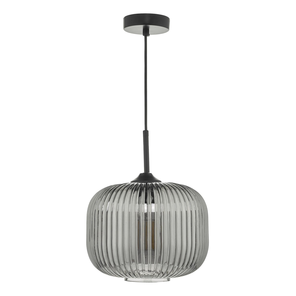 Ribbed glass pendant light with a black ceiling rose and cable.