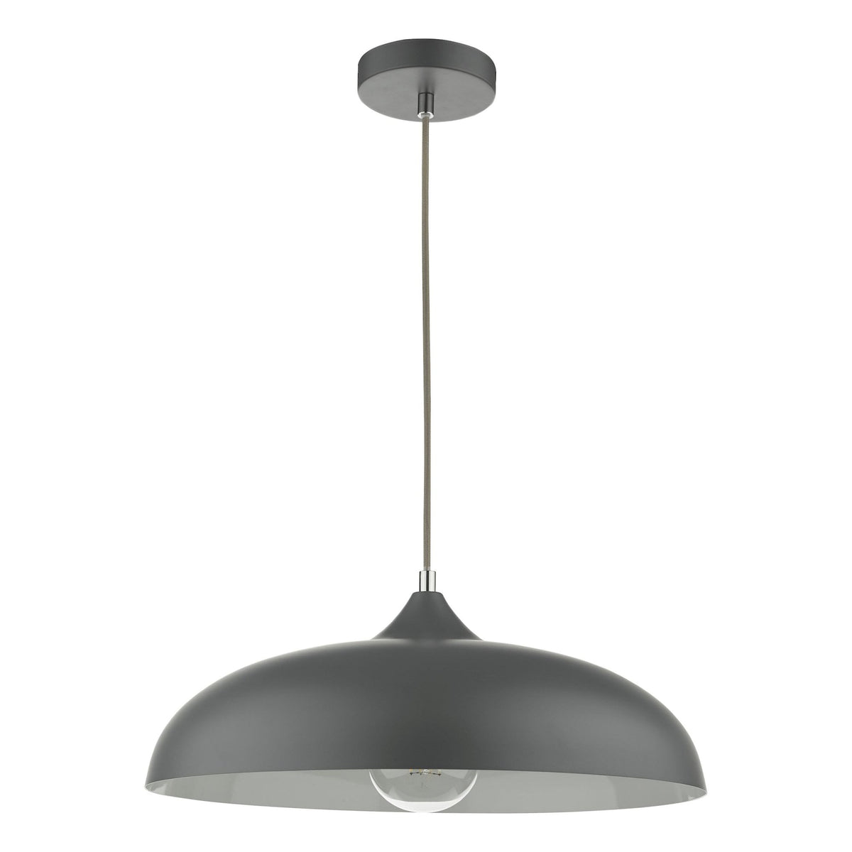 A dark gray pendant light with a wide, dome-shaped shade and a single exposed bulb, hanging from a ceiling mount.
