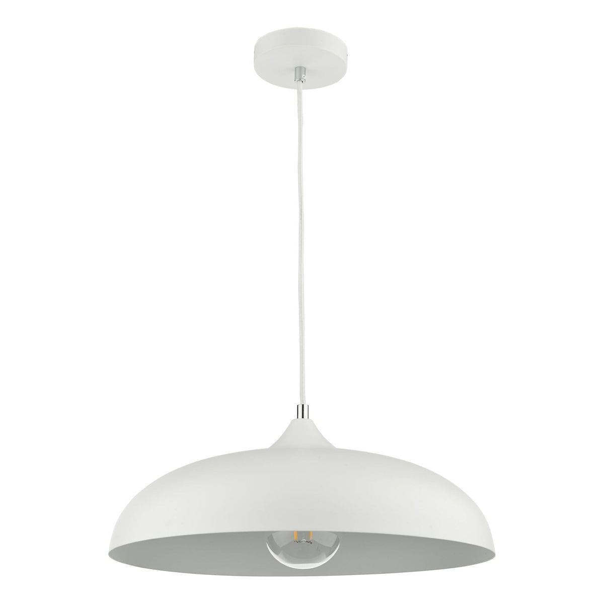 White dome-shaped pendant light with a visible bulb, hanging from a white cord and ceiling mount.