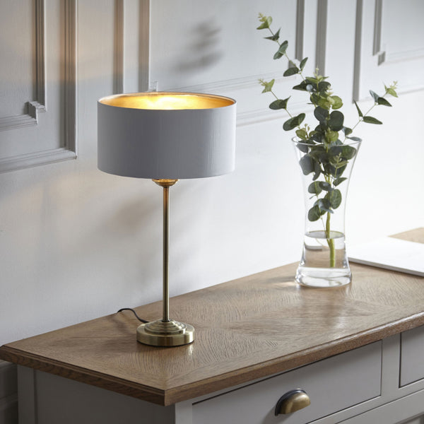 Highclere Single Table Lamp in Antique Brass with Vintage White Shade
